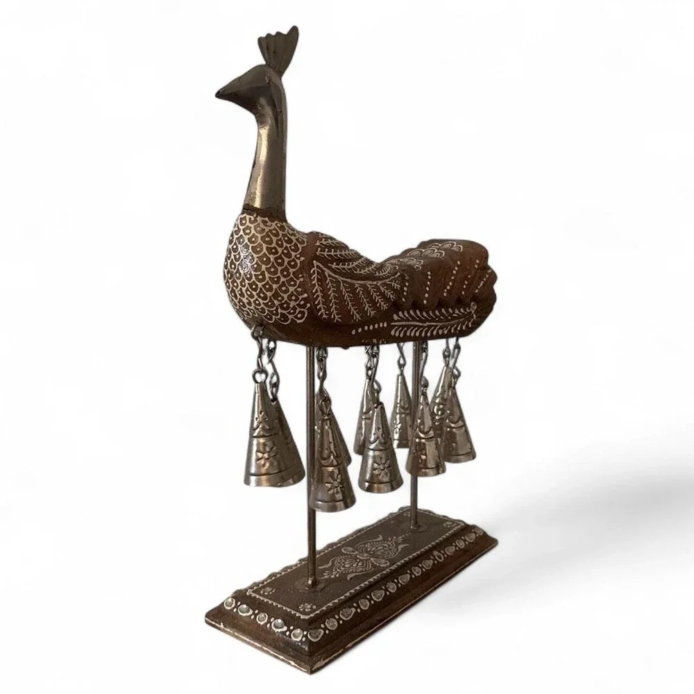 Unique handmade carved wooden peacock with bells